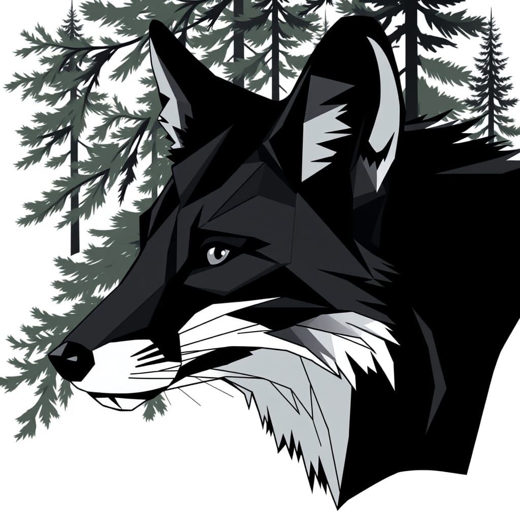 Polygonal Fox Muzzle Amidst Coniferous Trees in White Backgr...