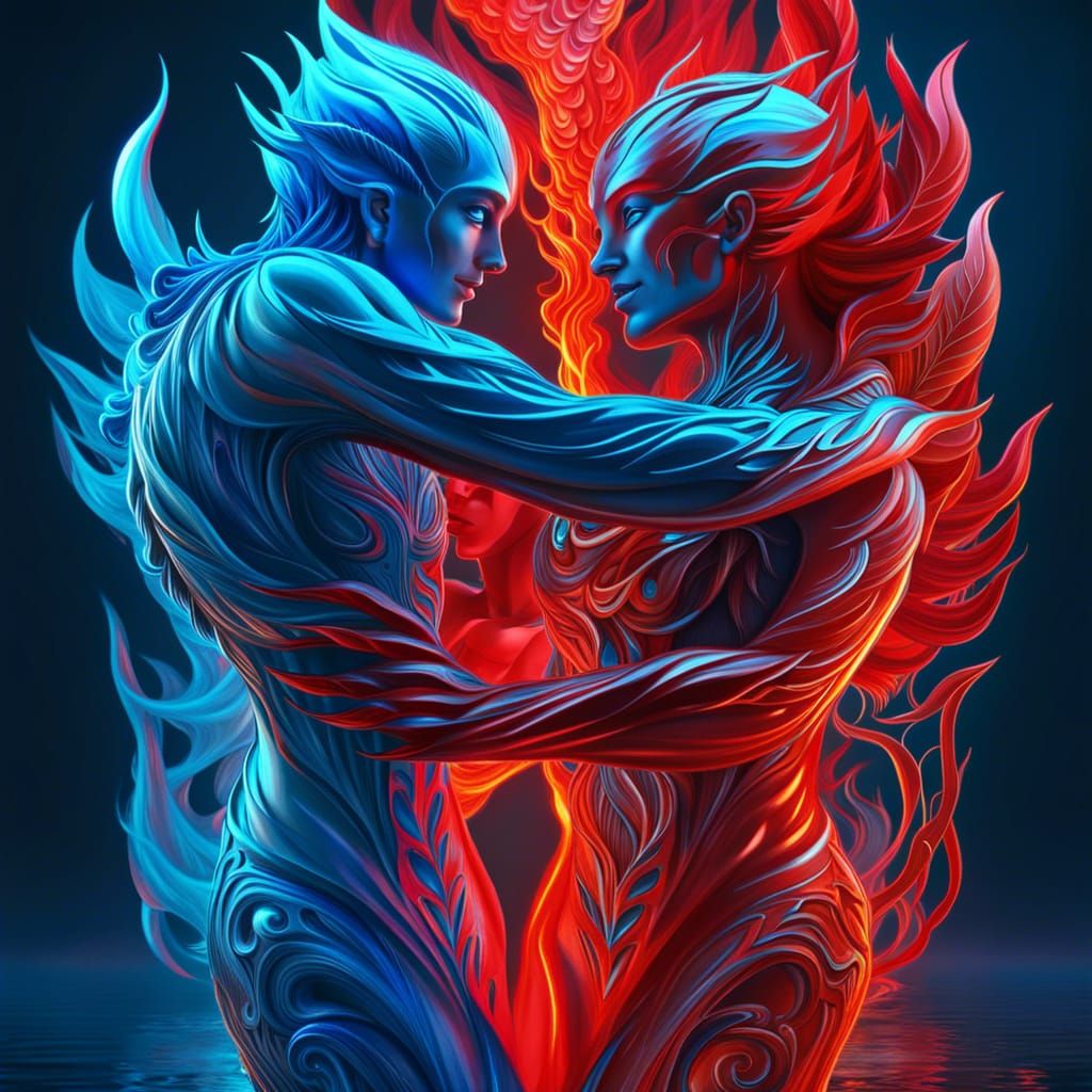 Fire and Water Spirits Embrace: 3D Rendering