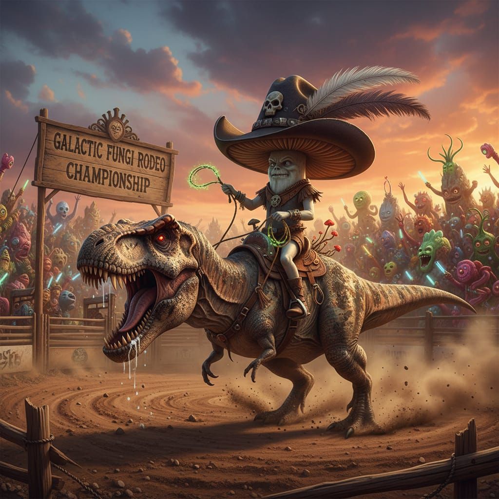 Mushroom Rider on T-Rex at Rodeo in Giant Hat