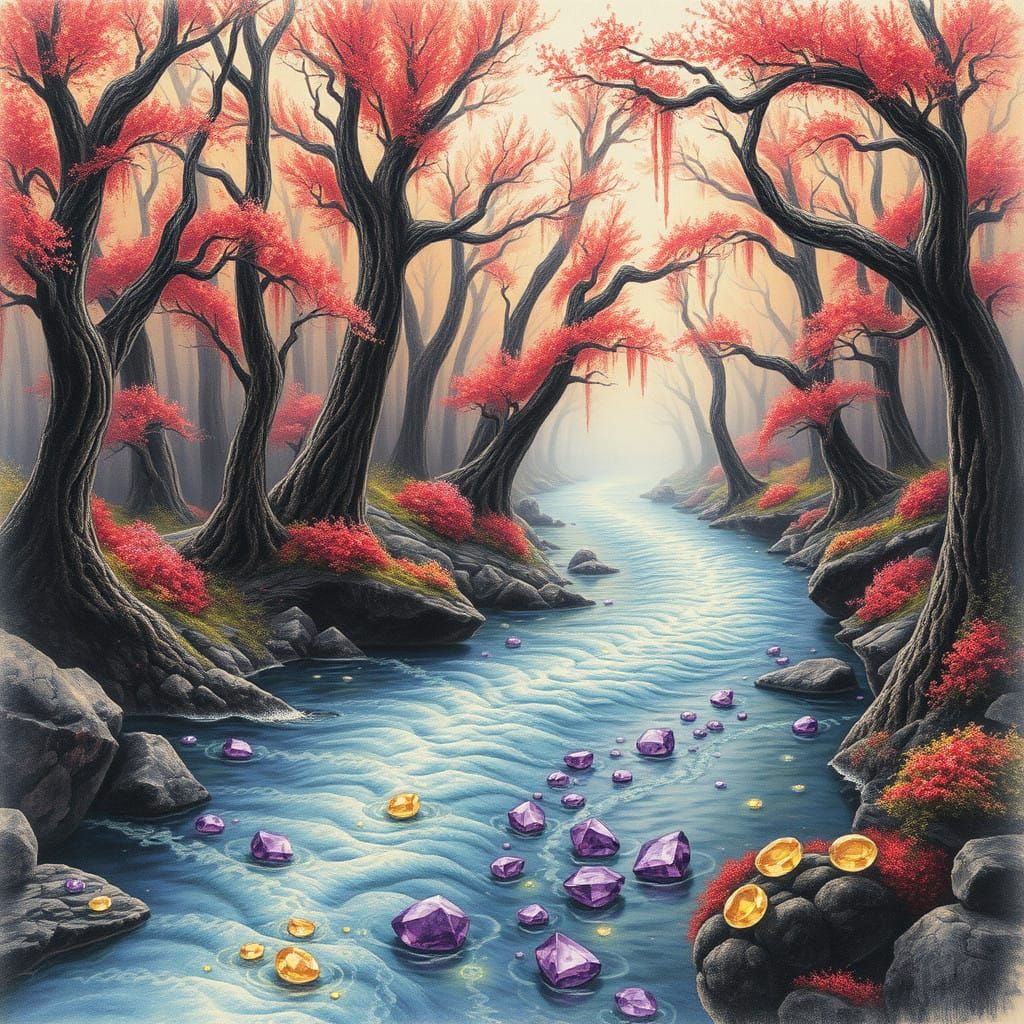 Surreal River of Glittering Sapphires through Luminous Cryst...