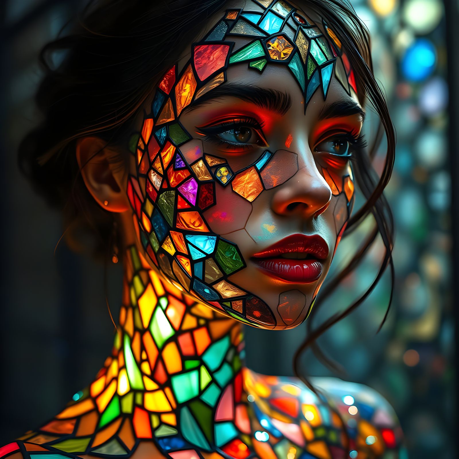 Vibrant Stained Glass Siren in Ethereal Light