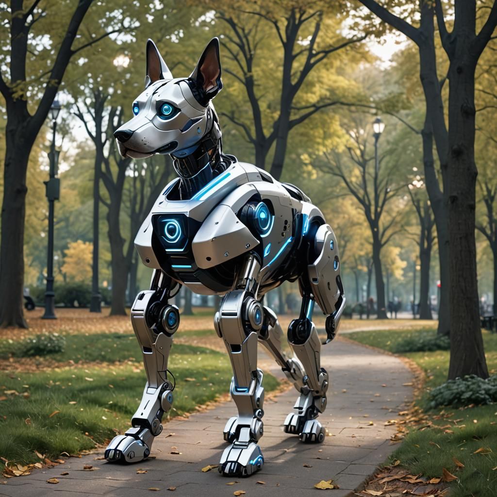 Loyal Cyberpunk Robot Dog Running in the Park