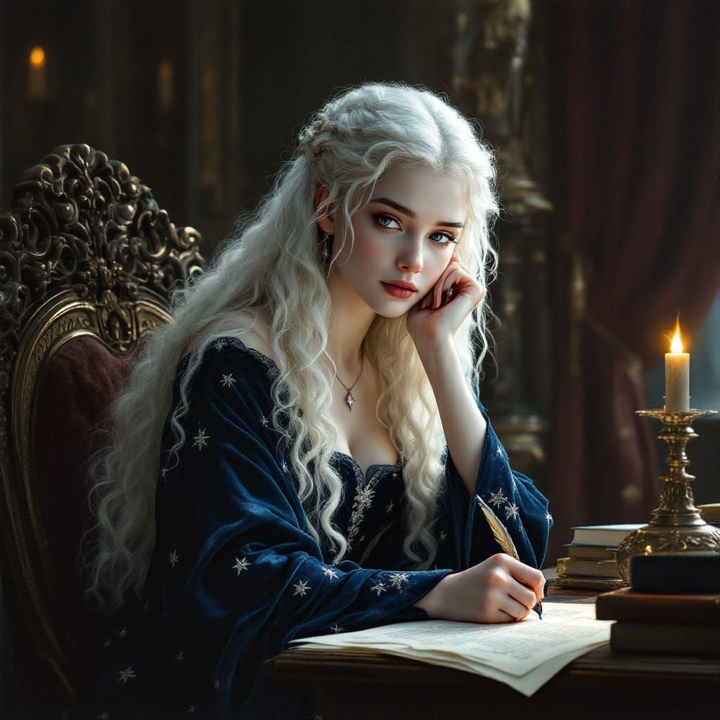 Targaryen Princess Writes Letter in Lavish Chamber