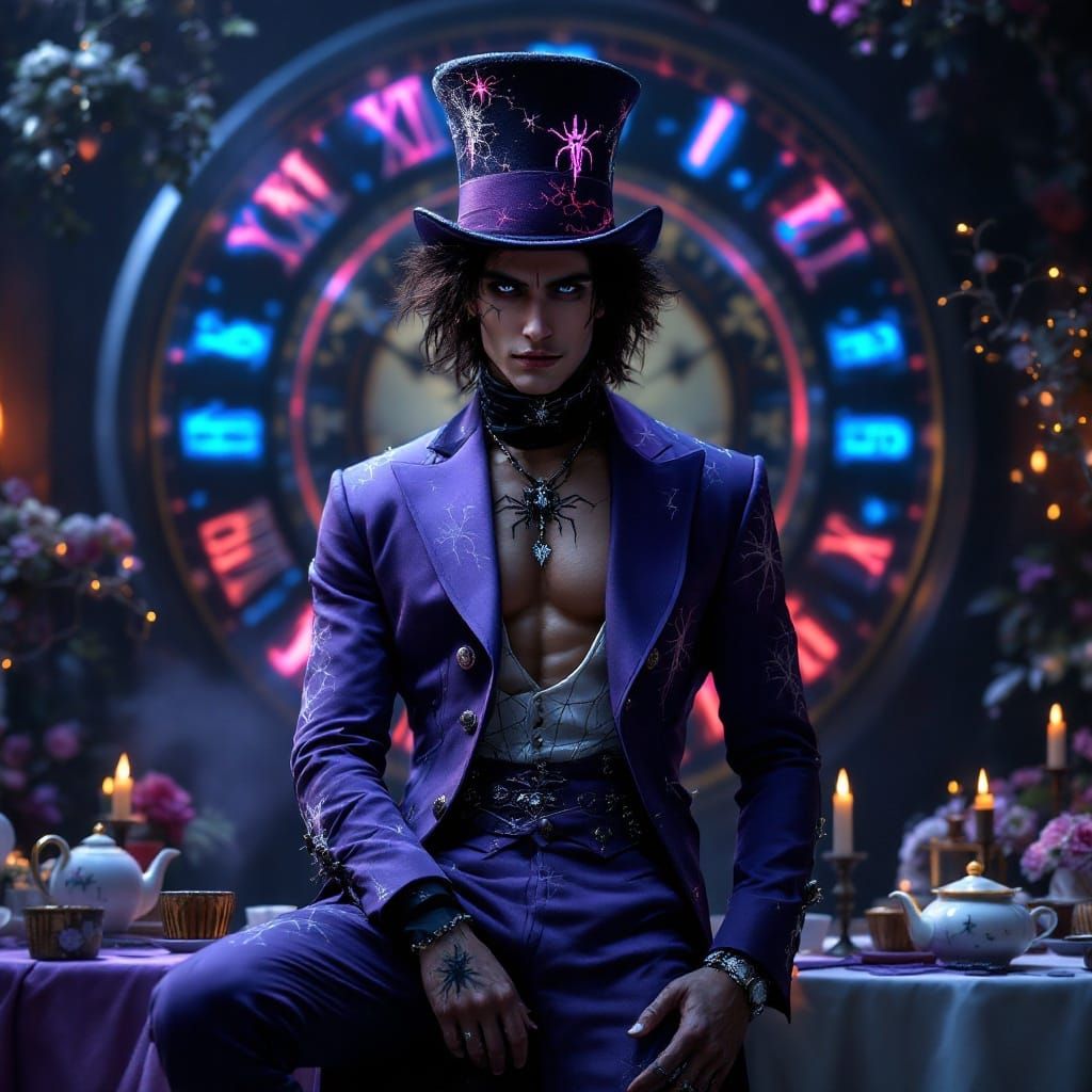 Goth Mad Hatter with Intricate Violet Suit and Bioluminescen...