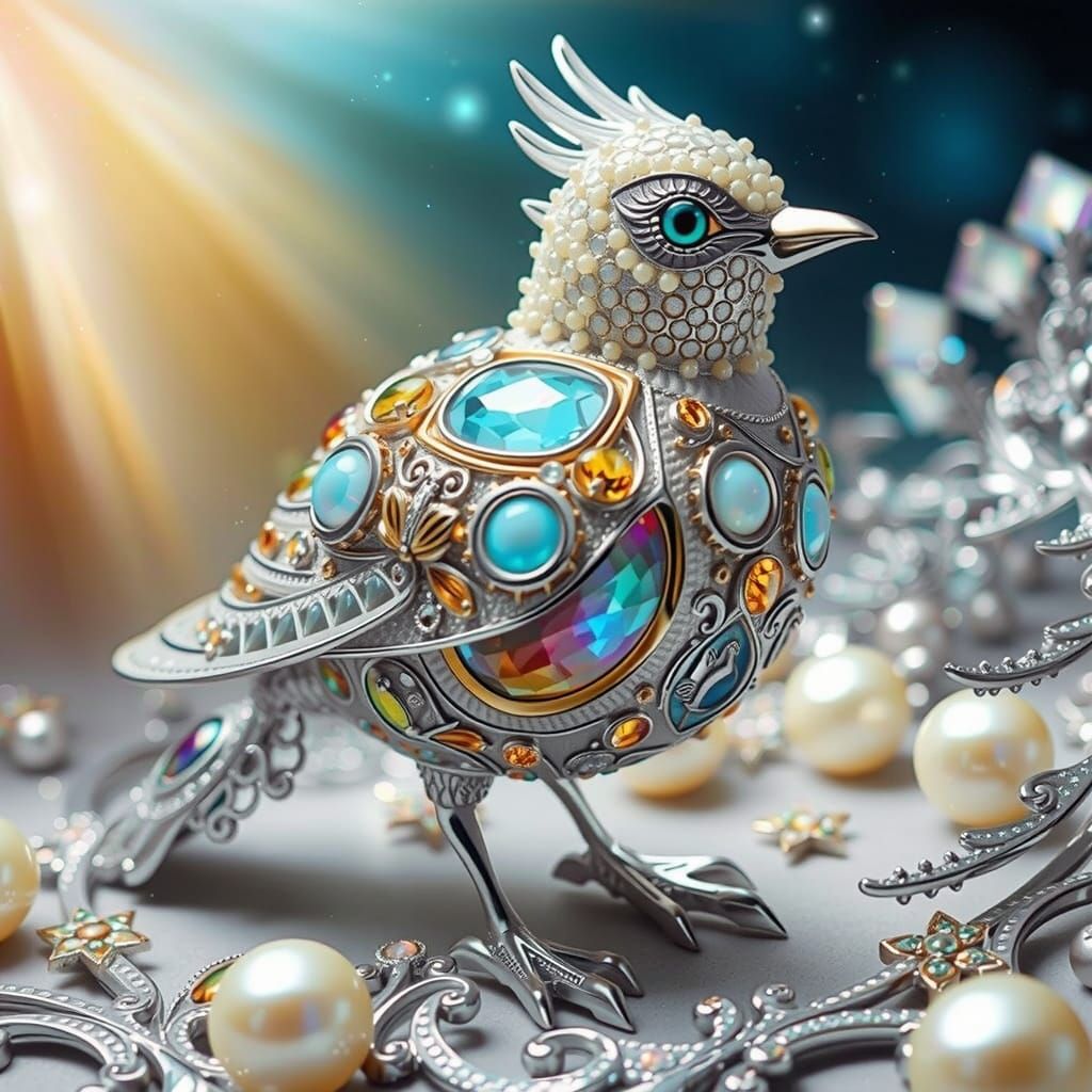 Chrome Bird with Pearls and Gold Crystal, Art Nouveau Style