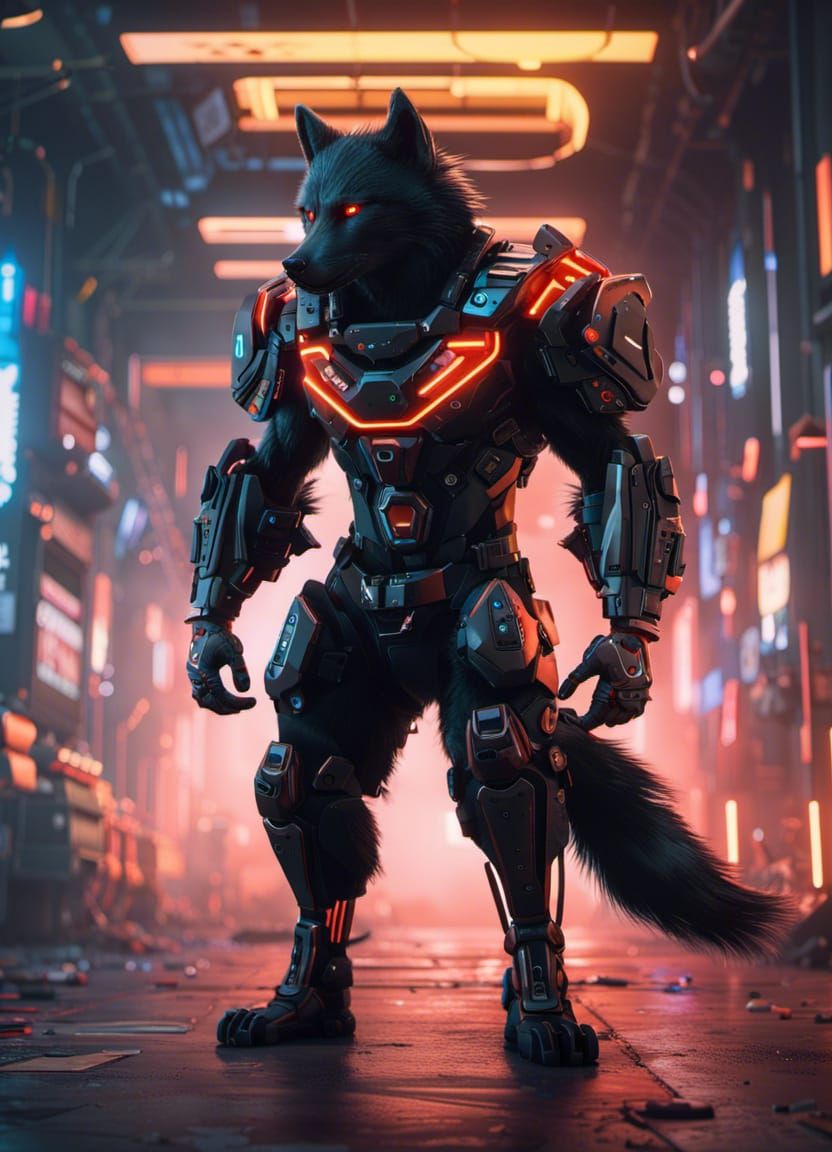 Cyberpunk Wolf Hero with Neon Cyber Armor