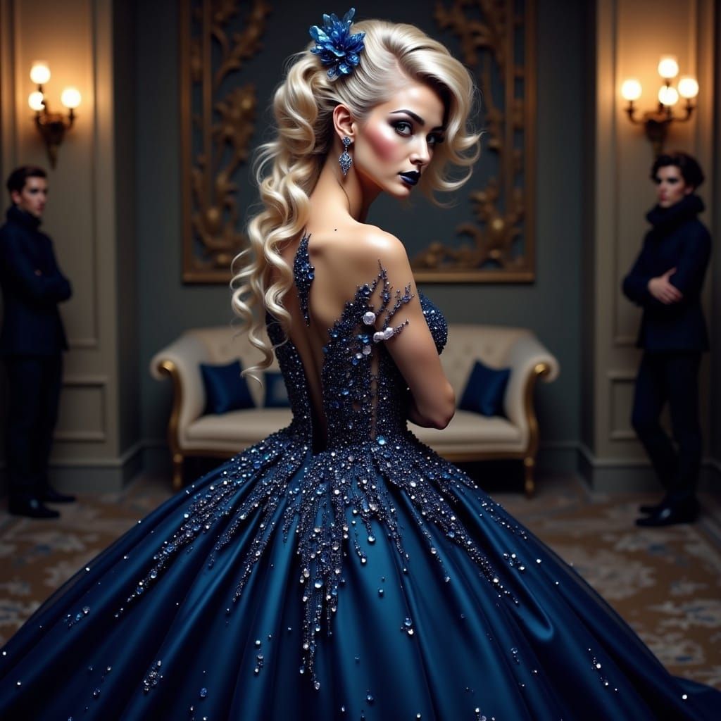 Elegant Figure in Blue Gown with Shimmering Beads