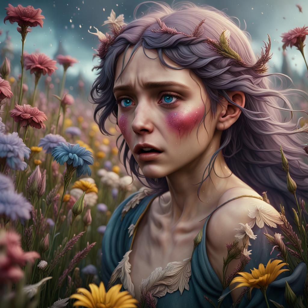 Angel Crying in Flower Field: Detailed Matte Painting