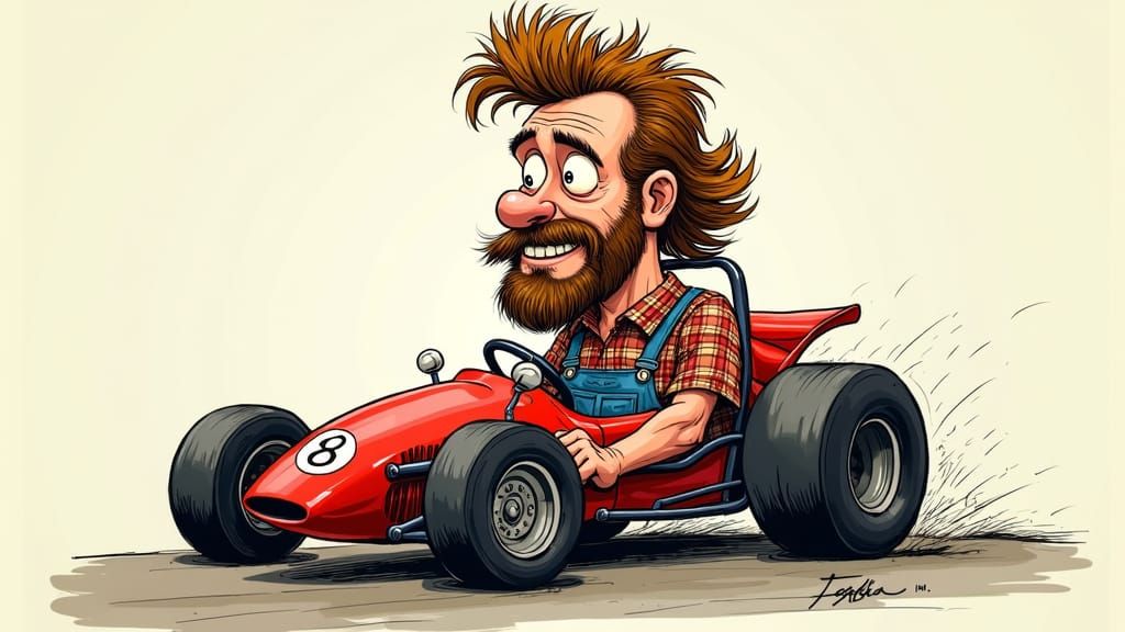 Redneck in Miniature Car, Cartoon Style