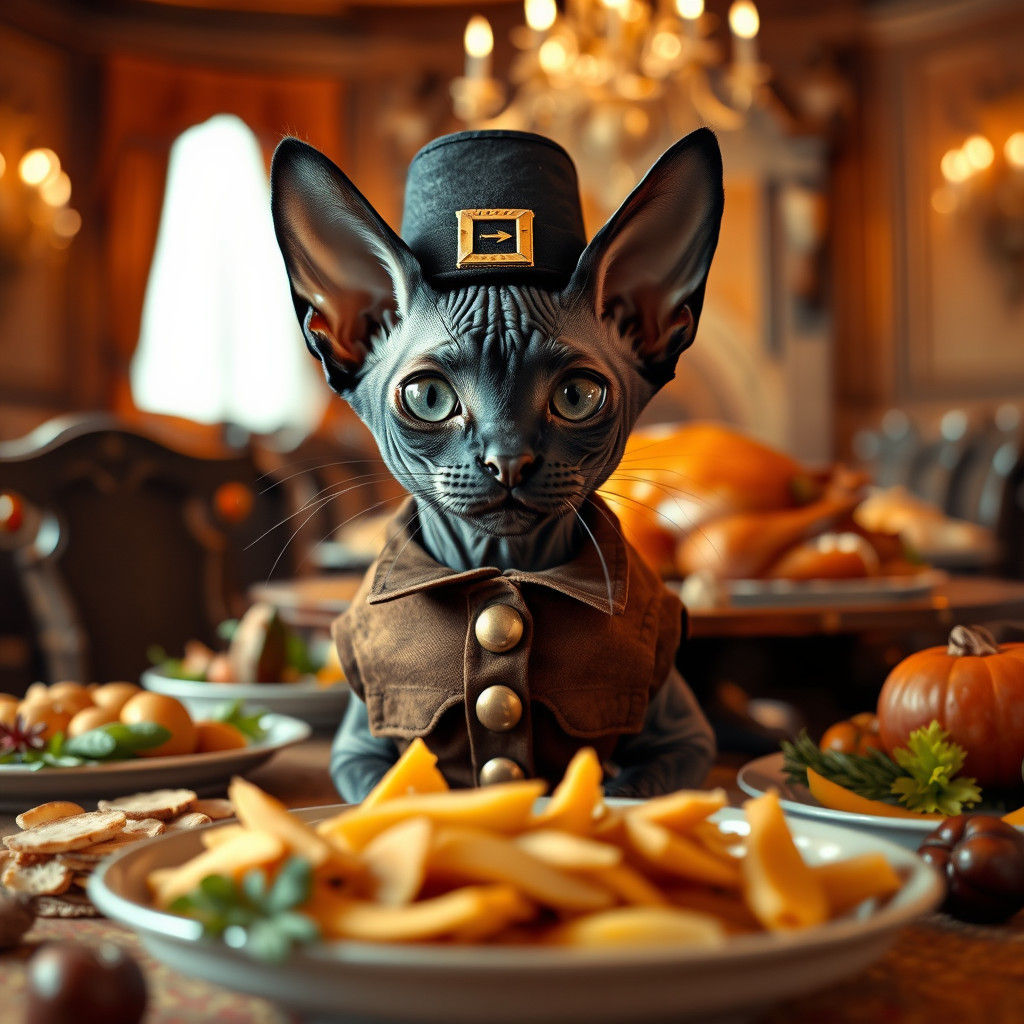 A black Sphynx kitten wearing a pilgrim outfit