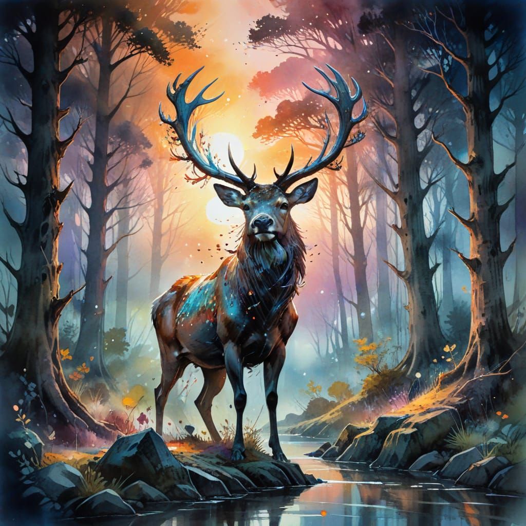 Ethereal Stag in a Starry Forest: A Dreamy Digital Watercolo...