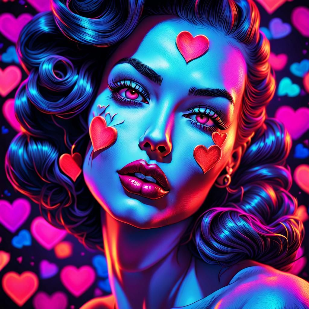 Neon Dark Fantasy Pin-Up with Hearts