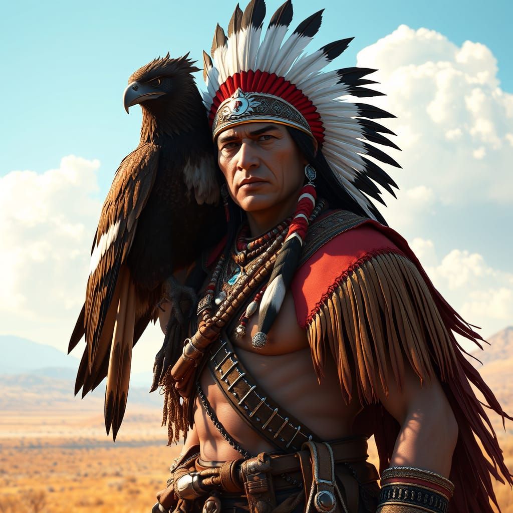 Stoic Native American Warrior with Noble Eagle in Vibrant An...