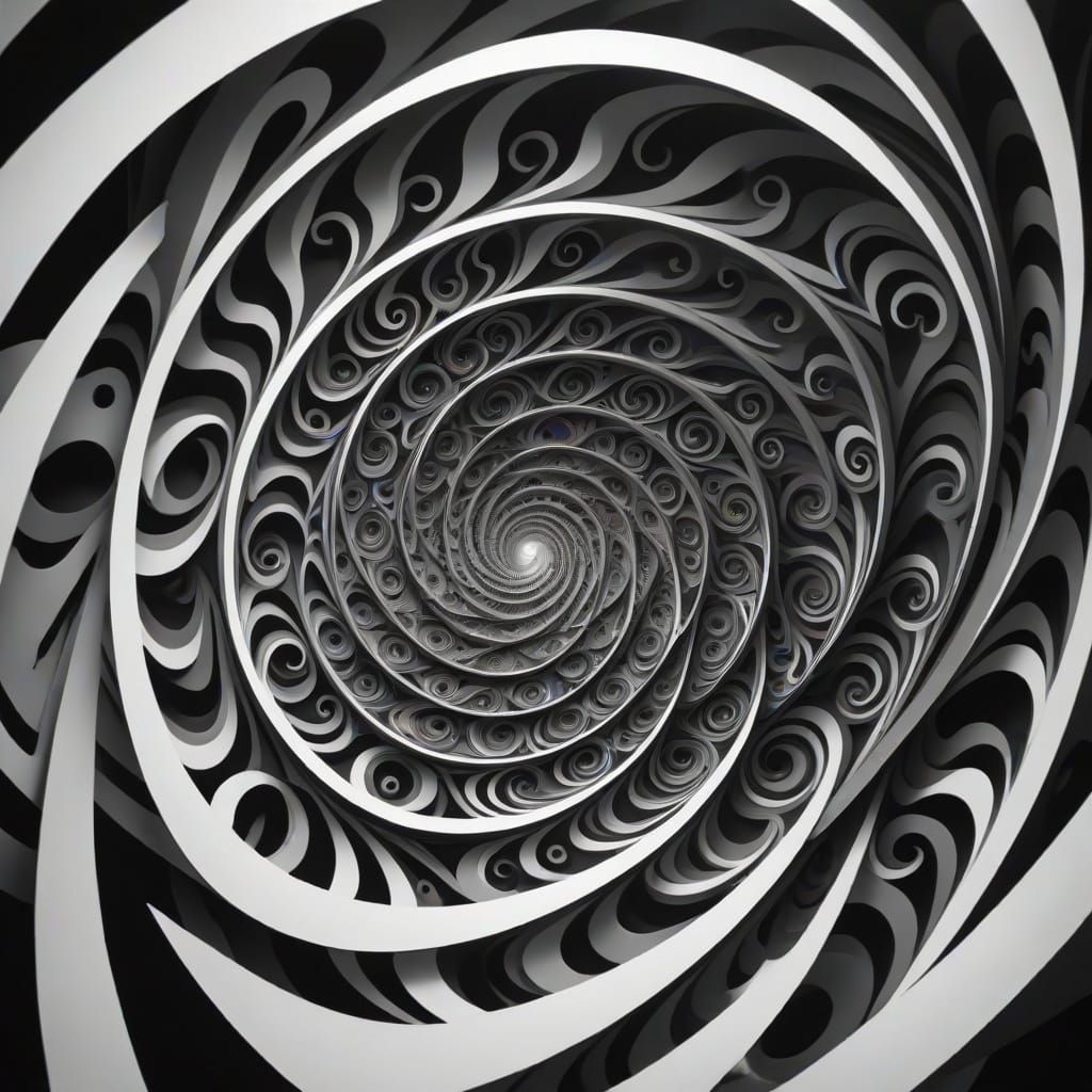 Surreal Black and White Spiral Illusion in 3D Anime Style