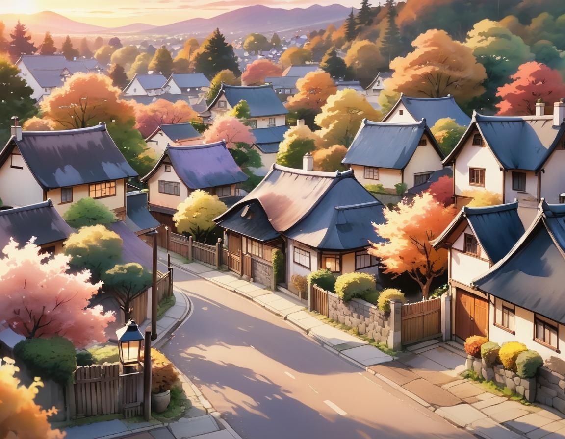 Quaint Cottage Village Street in Watercolor Anime Style