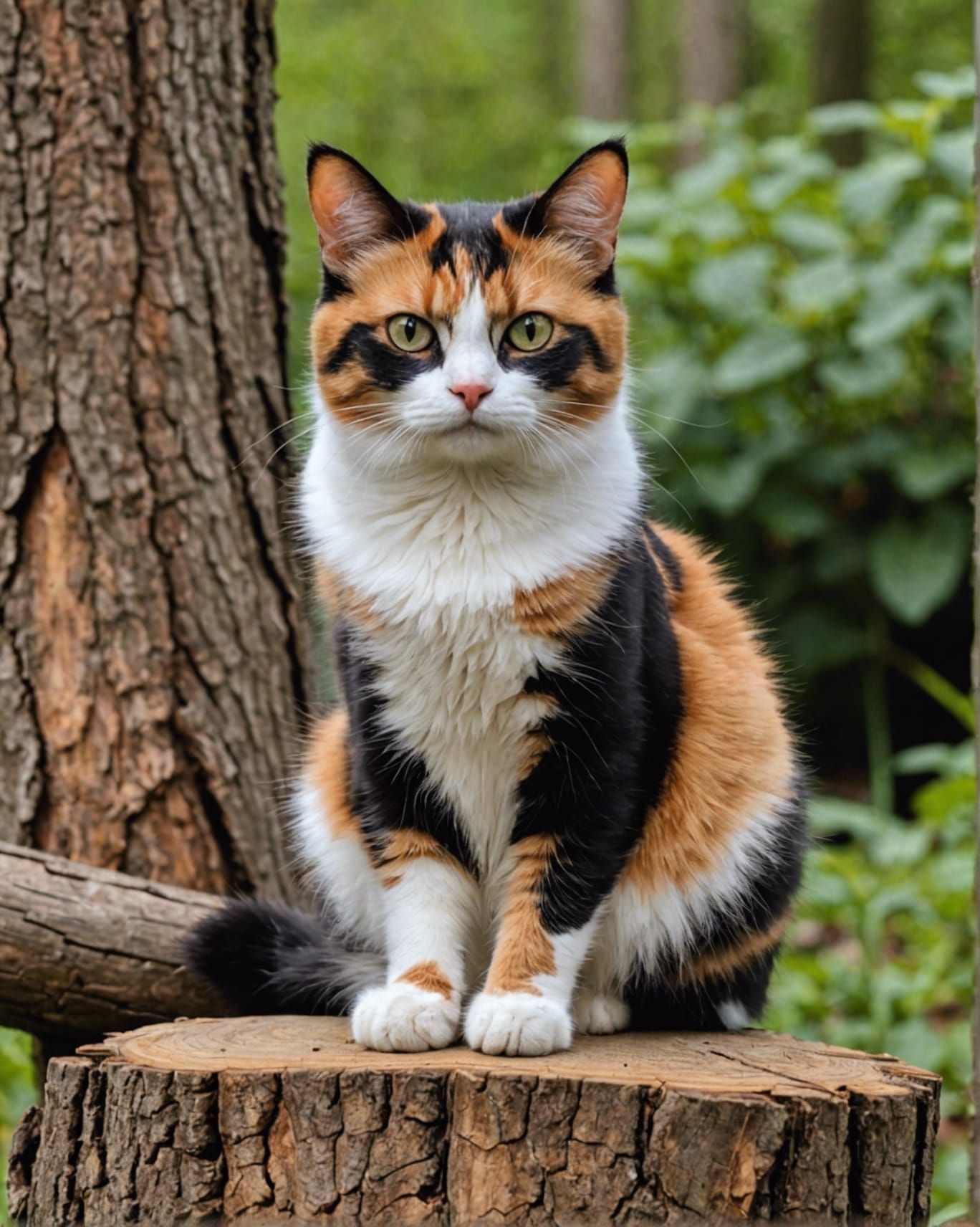 Calico Cat on Rustic Tree Stump