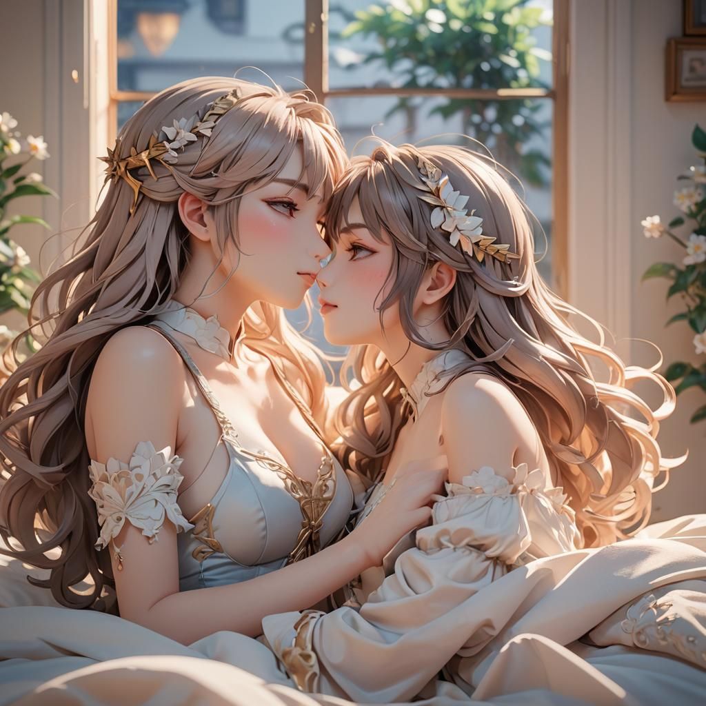 Intimate 3D Anime Girls Kissing in Bed