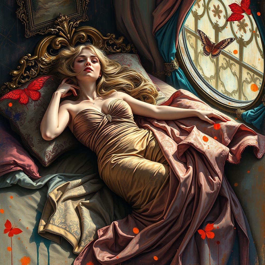 Opulent Woman in Dreamlike Chamber as Impasto Painting