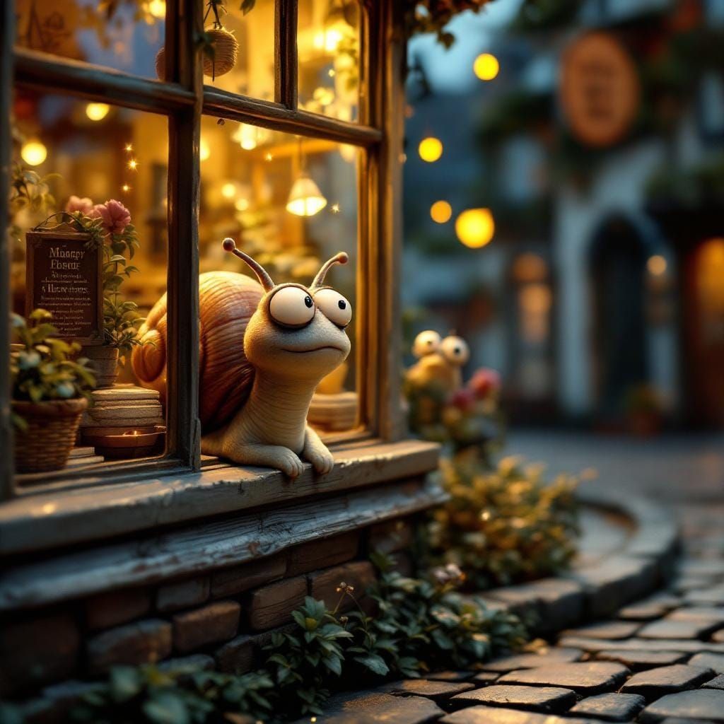 Snail Peering into Shop Window in Claymation Village