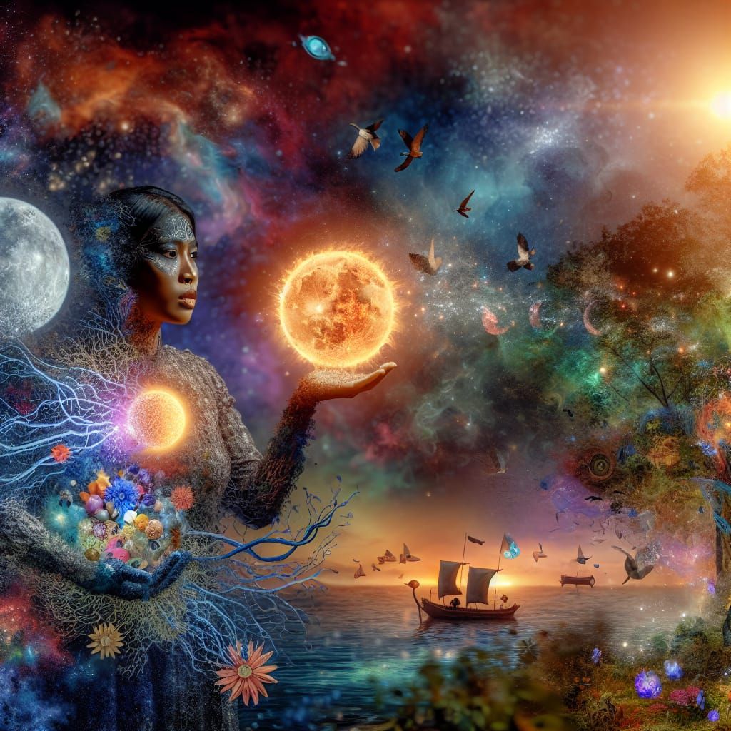 Ethereal Cosmopolitan Goddess Reigns in Vibrant Galaxy Scene