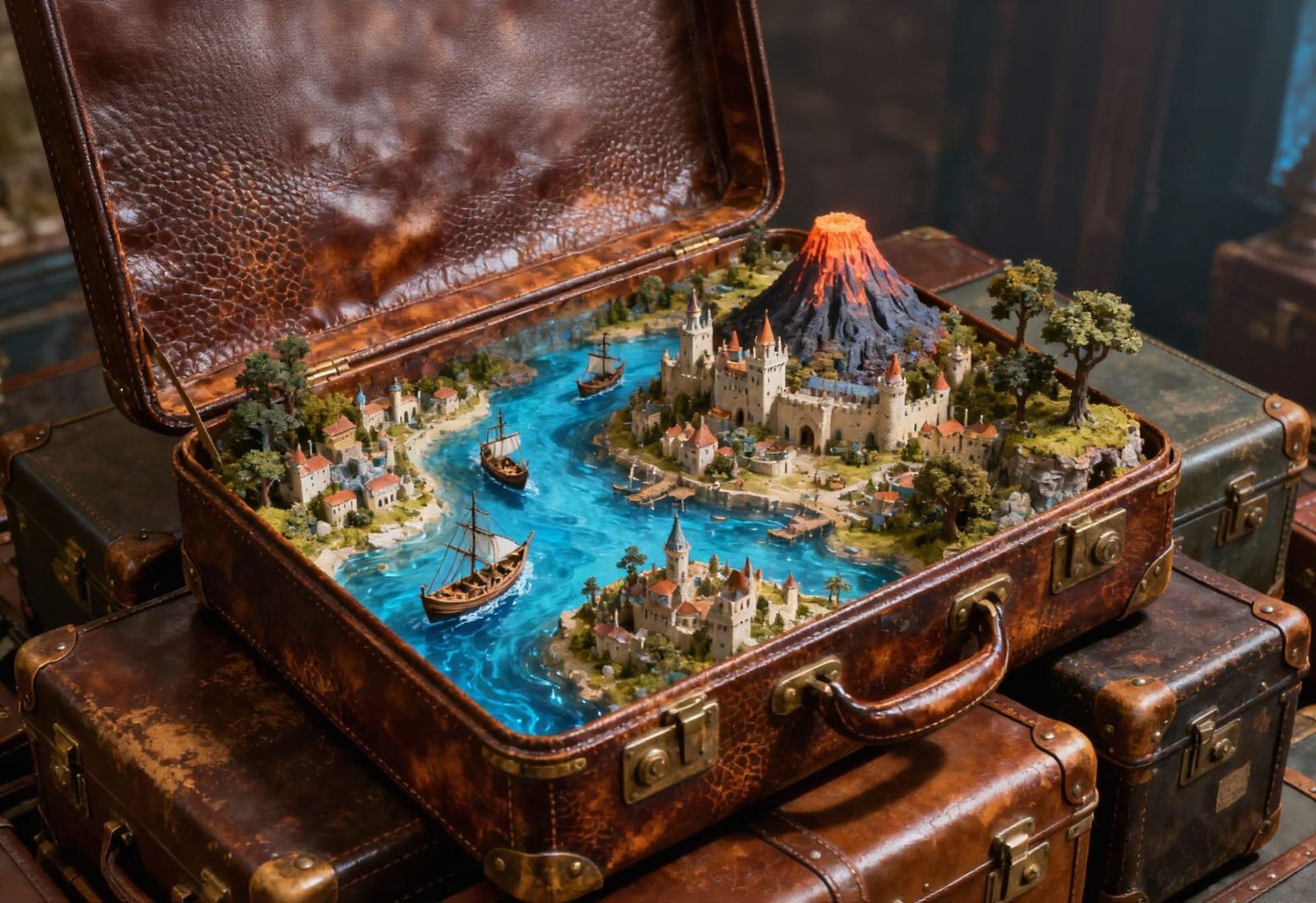 Fantasy Art: Open Suitcase Reveals Miniature Kingdom with Ri...