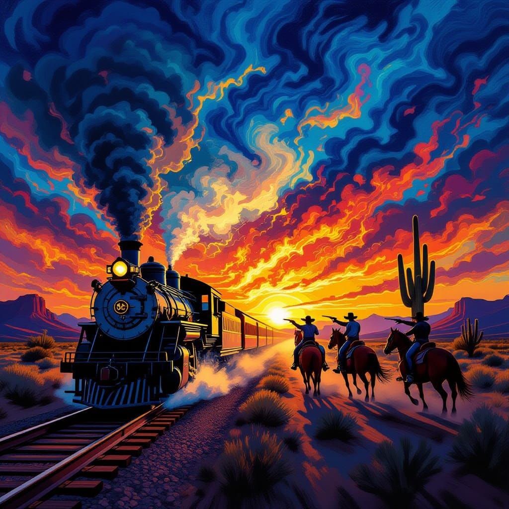 Psychedelic Sunset Train Chase as Impasto Painting