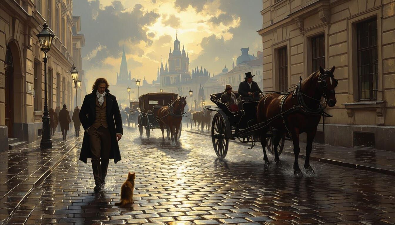 Beethoven Walks Wet Vienna Street in Impressionist Oil Paint...