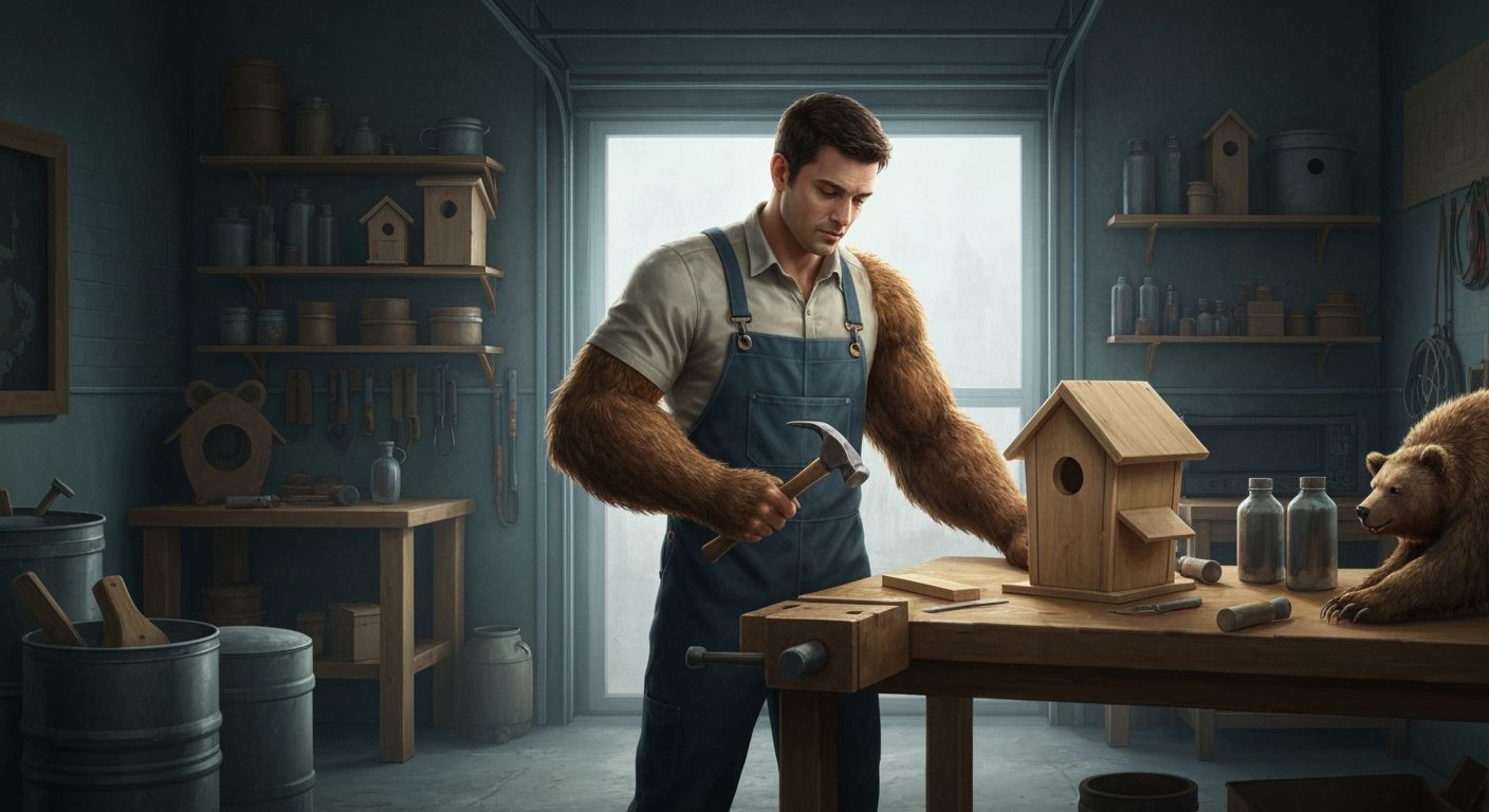 Man with Furry Bear Arms Builds Birdhouse in Garage