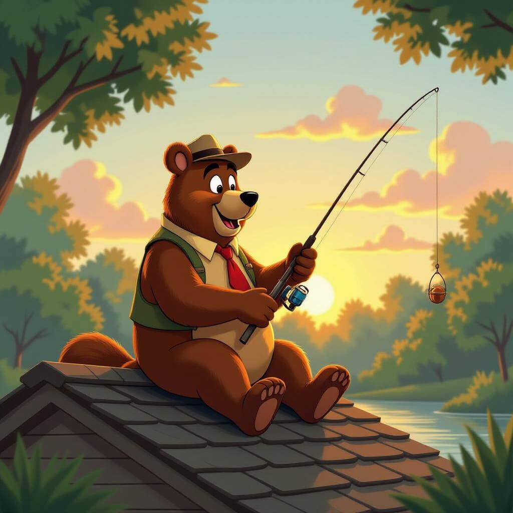 Yogi Bear Fishing on Ranger Roof at Golden Hour