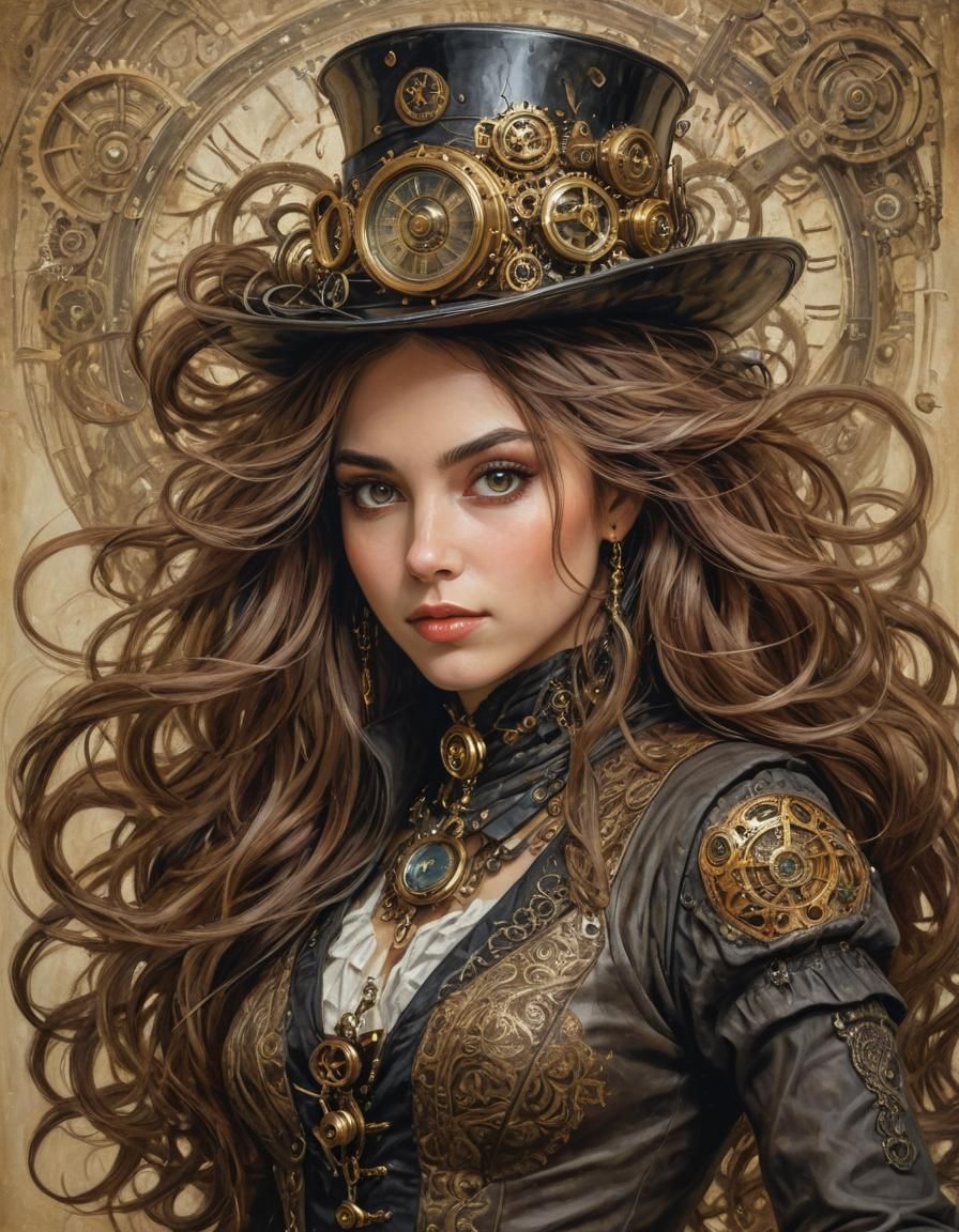 Steampunk Sorceress Portrait in Post-Impressionist Style