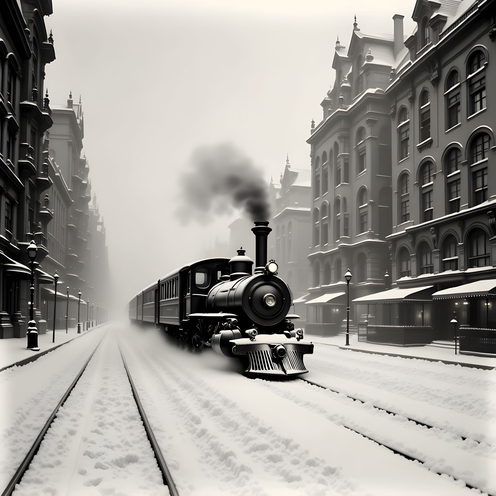 Elegant Winter Cityscape with Moving Train