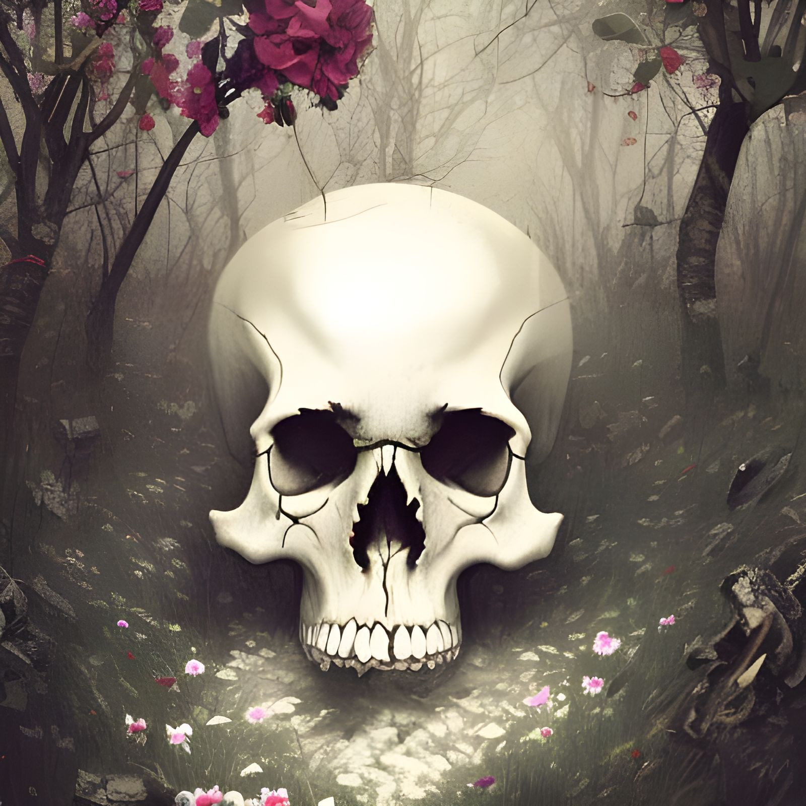 Skull with Flowers in Cemetery: Gothic Art