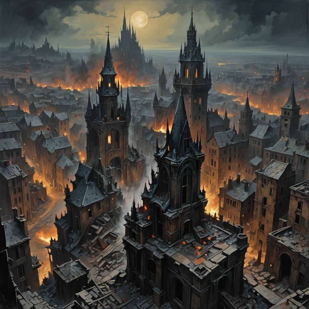 Nightmarish Cityscape in Dark Oil Painting Style