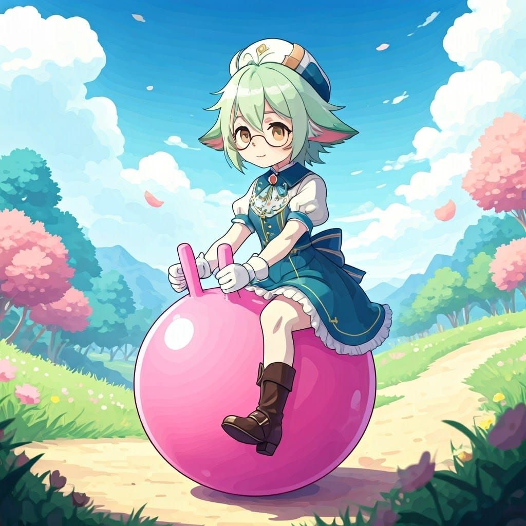 Victorian Character on Pink Hopper Ball in Dreamy Landscape