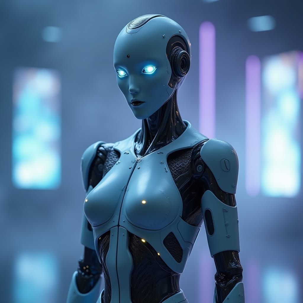 Futuristic Robot Greets Humans in Sci-Fi Setting