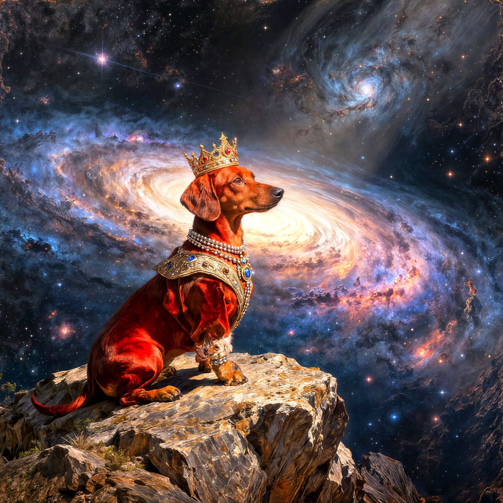Regal Dachshund in Cosmic Nebula, Old Painting Style