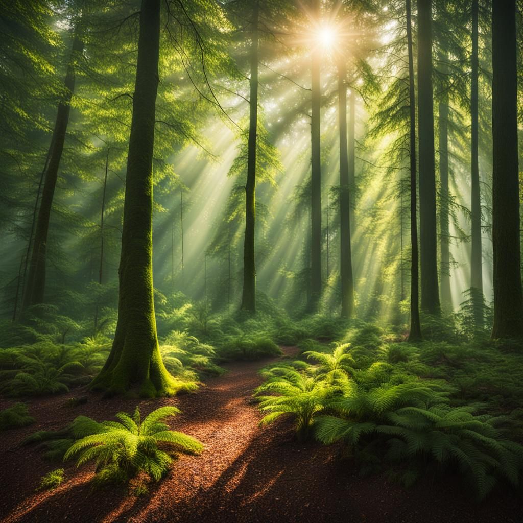 Lush Forest Landscape Photography with Misty Sunbeams