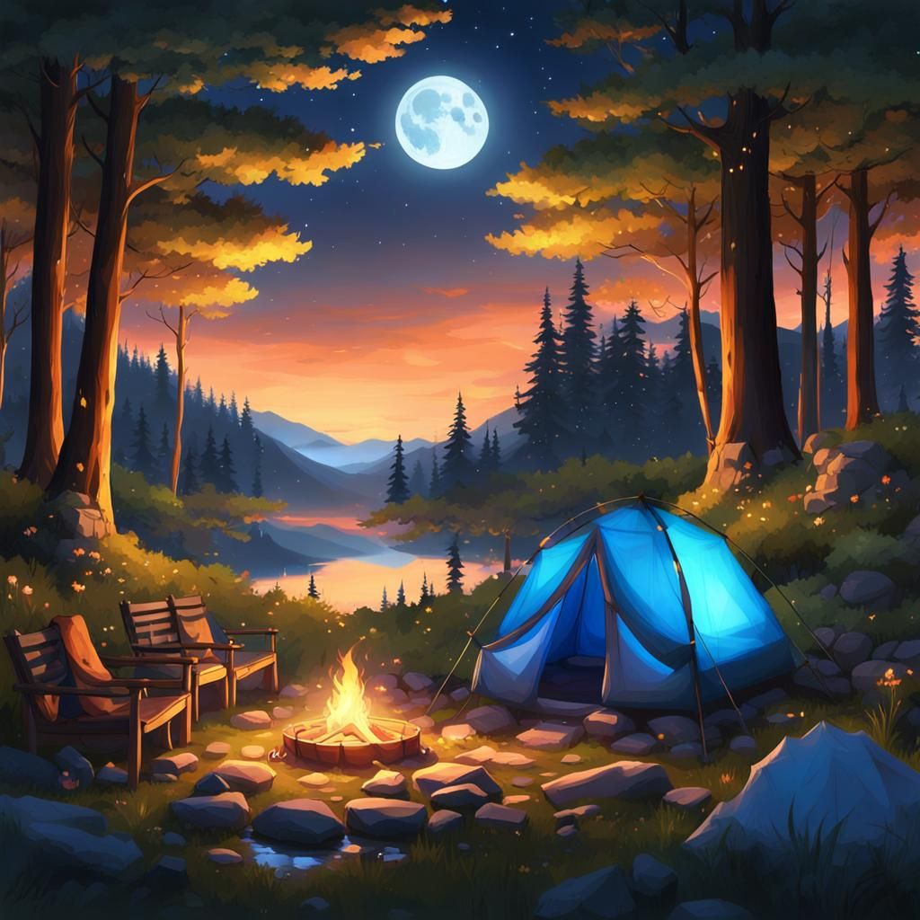 Dreamy Outdoor Camp Setup in Anime Style