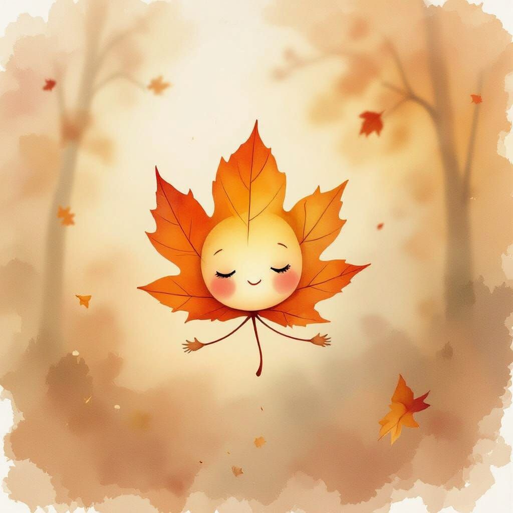 Anthropomorphic Autumn Leaf Floating in Soft Watercolor