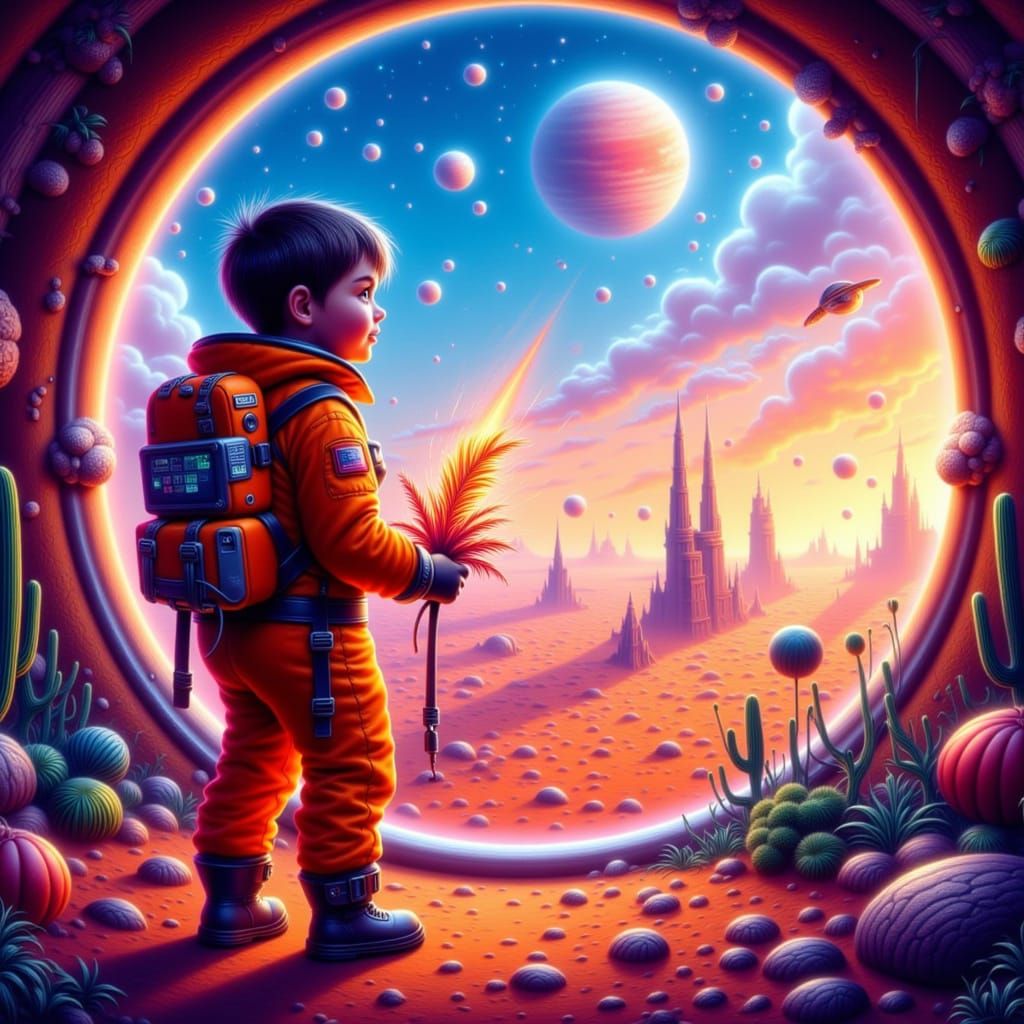 Child in Spacesuit with Martian Plant in Biodome