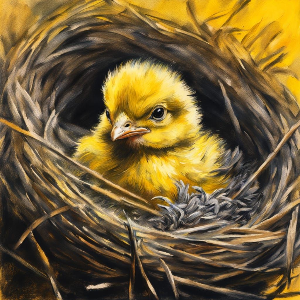 Yellow Chick in Nest: Impressionist Charcoal Drawing