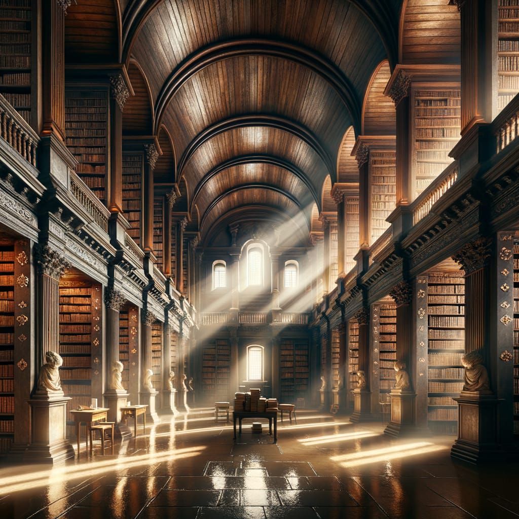 Ancient Library with Bookshelves and Sunlight