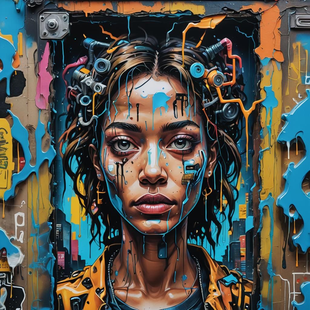 Surreal Graffiti Art: Robotic Girl in Melting Reality