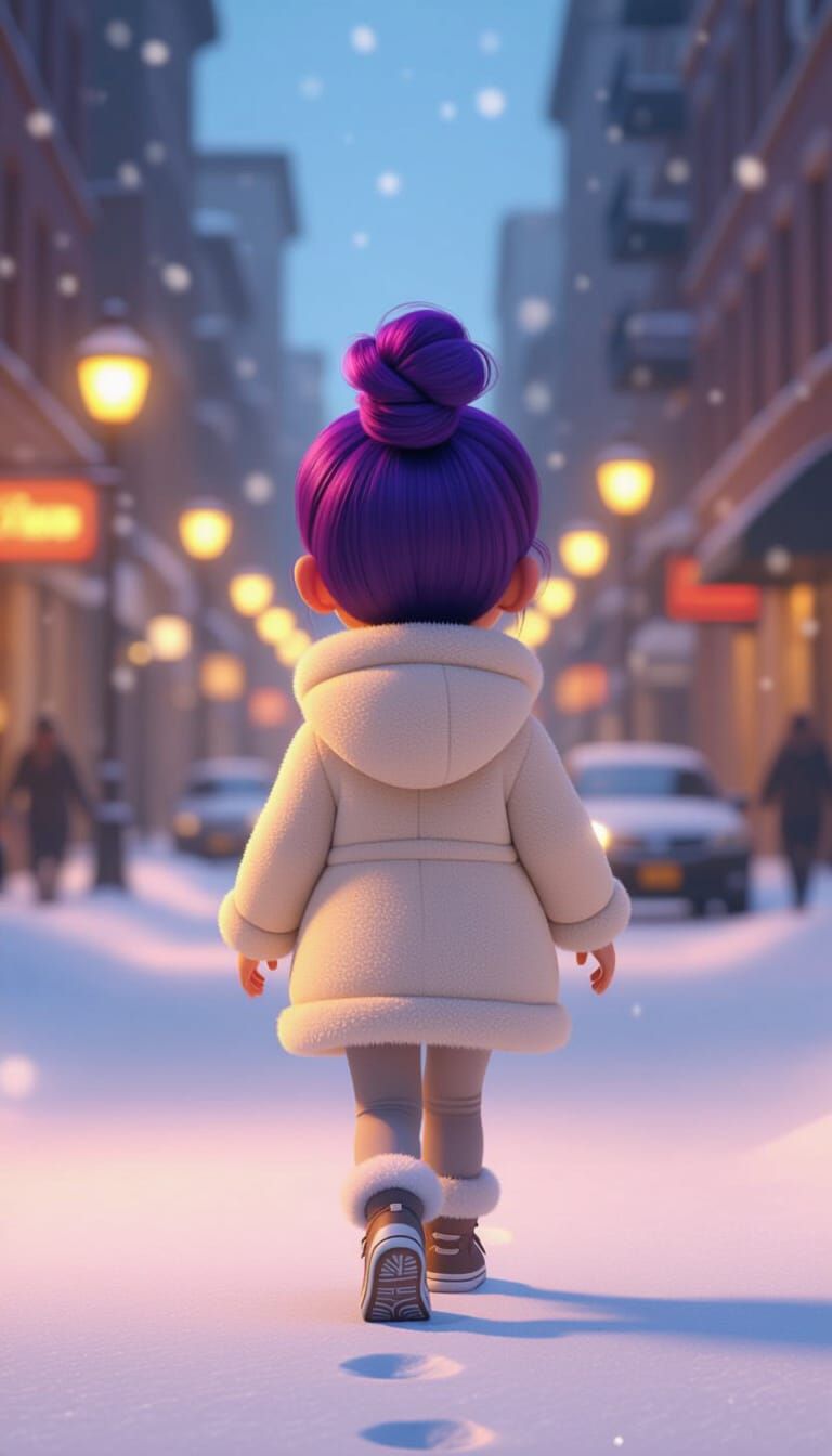3D Animated Girl in Snowy City Street