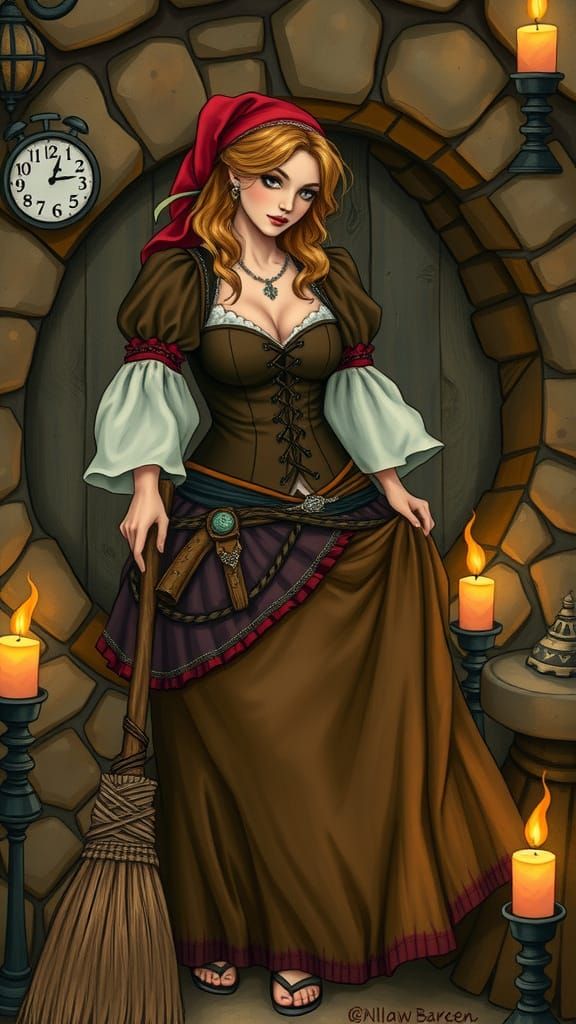 Whimsical Hobbit Maid in Leather Cleaning Her Cozy Shire Hom...