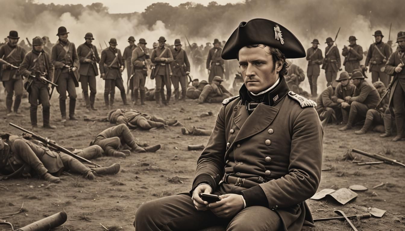 Napoleon Texting on Smartphone: Vintage Battlefield Photo