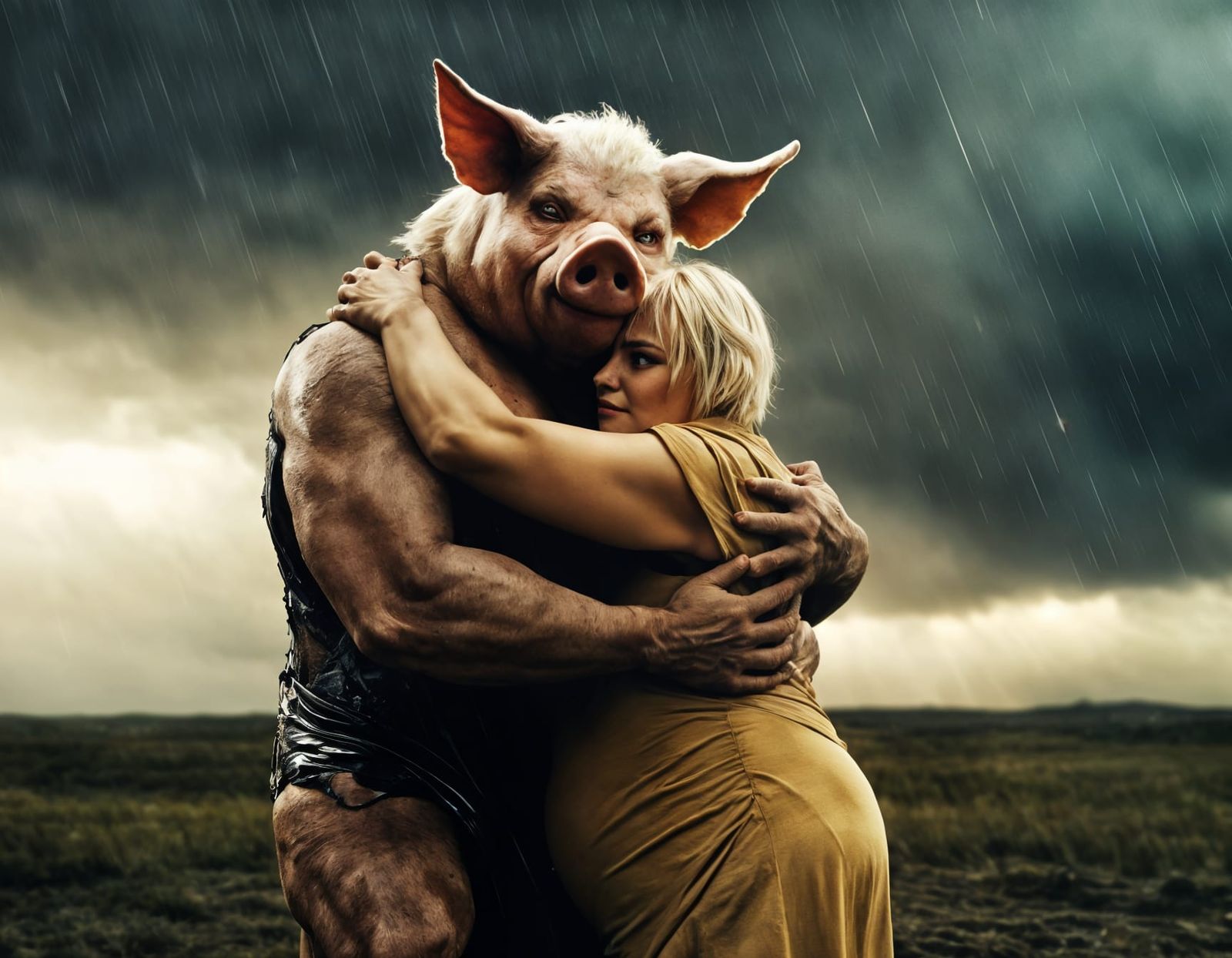 Anthropomorphic Pig-Man Shelters Woman in Thunderstorm: Phot...
