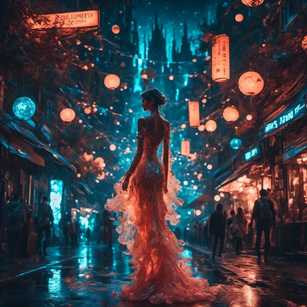 Bioluminescent Woman in Futuristic Cityscape