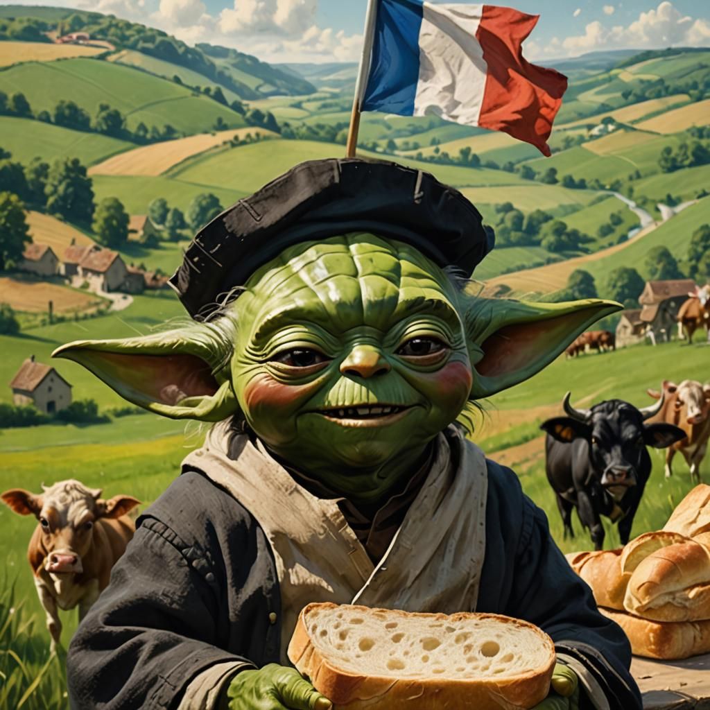 Funny Yoda Agitating French Flag in Corrèze Landscape