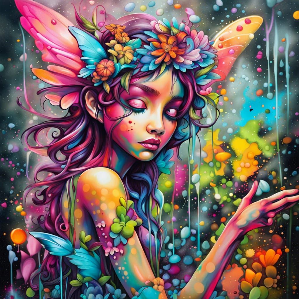 Whimsical Fairy in Graffiti Splash Art Style